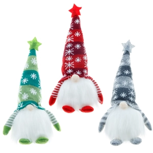 Three-piece glowing Christmas gnome plush set with knitted hats in red green and grey colors