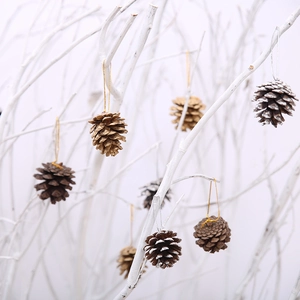Set of 9 natural pine cone Christmas tree ornaments in gold, silver and white snow finish