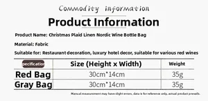 Size chart for Christmas gnome linen wine bottle bags with 30x14cm dimensions and weights