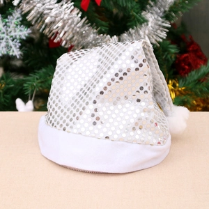 Sparkling silver sequin Christmas hat with plush white trim and pompom decoration