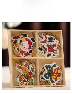 Detailed view of Nordic wooden Christmas ornaments featuring Santa, snowman, and reindeer