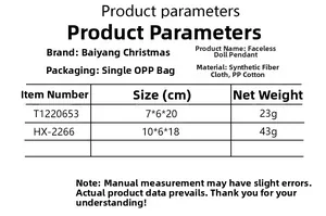 Detailed size and material specification chart for the Christmas faceless gnome pendants