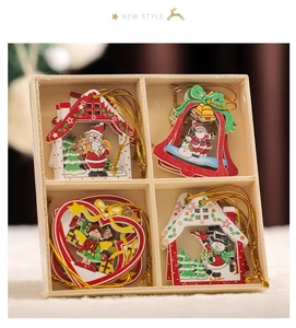 Detail of wooden Christmas ornaments with festive patterns and golden hanging strings