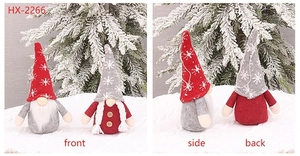 Detail view of handmade Christmas gnomes showing front, side and back design with snowflake hat