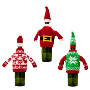 Three-piece set of knitted Christmas sweater covers and hats for wine bottle decoration
