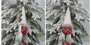 Side and back view of a plush Christmas gnome ornament with red and green plaid fabric