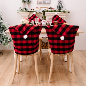 Christmas buffalo plaid chair cover in red and black with white pompom for dining chairs