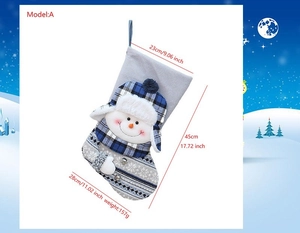 Close-up of knitted Christmas stocking with 3D snowman and size 45x23cm details