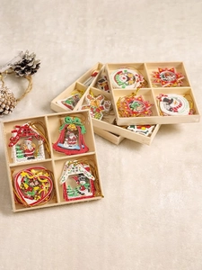 Set of 12 Nordic wooden Christmas ornaments in heart, star, and bell shapes for tree decor