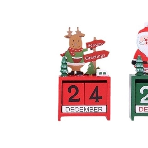 Wooden Christmas countdown calendar with reindeer decoration and festive red base