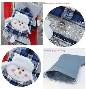 Detail views of knitted Christmas stocking with 3D snowman, bell, and blue lining
