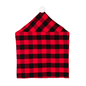 Classic red and black plaid Christmas chair back cover with white pompom decoration