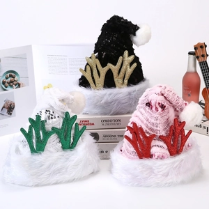 Bonnet de Noël à Bois de Renne à Paillettes avec Bordure en Peluche et Bois Scintillants pour Décoration de Fête de Noël pour Femmes Hommes Enfants