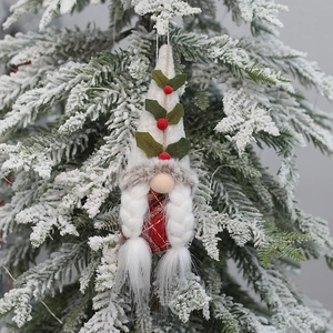 Christmas tree hanging gnome ornament with white hat and red green plaid body decoration