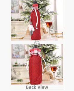 Detail view of gnome Christmas wine bottle cover made of red herringbone and plaid fabric