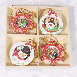 Set of 12 Nordic wooden Christmas ornaments with Santa, snowman and elk in a wooden box