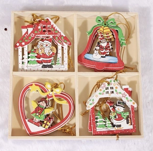 Set of 4 Christmas wooden ornaments featuring Santa and Snowman in a wooden gift box