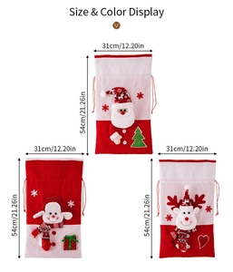 Detailed view of three knitted Christmas gift bags with Santa, snowman, and elk designs