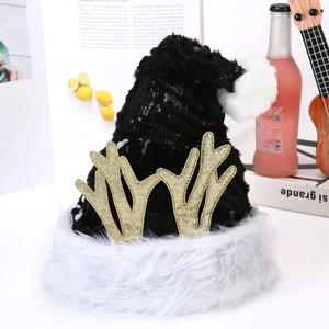 Bonnet de Noël à paillettes noires avec bordure en peluche blanche et bois dorés brillants