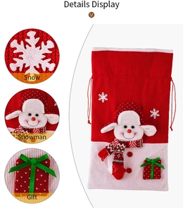 Detail view of knitted Christmas gift bag showing 3D snowman and snowflake textures