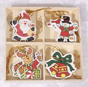 Set of 12 Nordic wooden Christmas ornaments featuring Santa, snowman, reindeer and bells