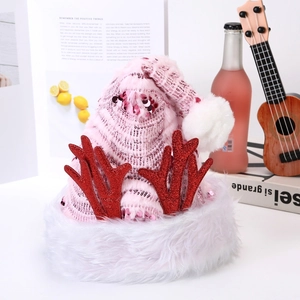 Bonnet de Noël rose à paillettes avec bordure en peluche et bois de renne brillants