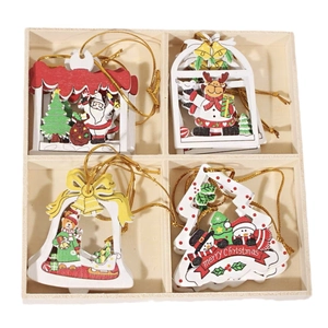 Set of 12 Nordic wooden Christmas ornaments with Santa and reindeer in a storage box