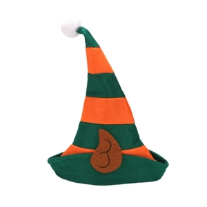 Striped green and orange elf hat with plush ball and ears for Christmas and Halloween