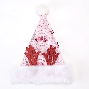 Bonnet de Noël rose à paillettes créatif avec bois de renne rouges étincelants et peluche