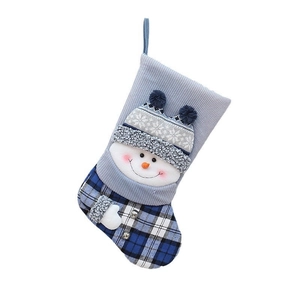 Knitted Christmas stocking with 3D snowman, blue plaid fabric and snowflake embroidery