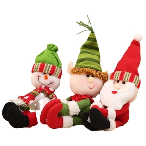Three-piece Christmas wine bottle covers featuring Santa, snowman, and elf in festive plush