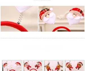 Detail showing elastic spring connectors and four cartoon Christmas headbands with reindeer