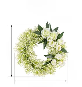 Detailed view of artificial white rose wreath with dimensions 40cm diameter and 10cm thickness