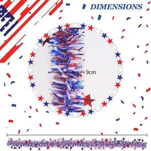 Detail of red white and blue July 4th tinsel garland with stars and 9cm diameter size