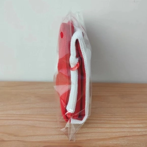 Detail of red and white knitted Christmas gift bag in transparent plastic packaging
