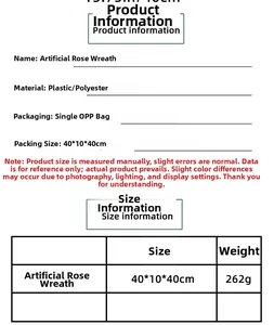 Detailed size chart for artificial white rose wreath with material and weight specs