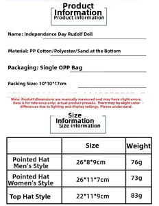 Detailed size chart for Independence Day gnomes with dimensions and material specs