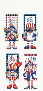 Detailed view of four Independence Day garden flags featuring patriotic gnomes and USA flags