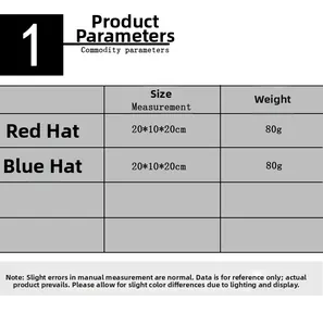 Size chart showing 20x10x20cm dimensions and 80g weight for red and blue hat gnomes