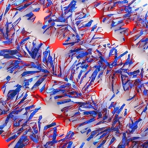 Patriotic red white and blue tinsel garland with stars for Independence Day decor