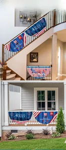 Detail showing 4th of July bunting flags hanging on indoor stairs and outdoor balcony railings