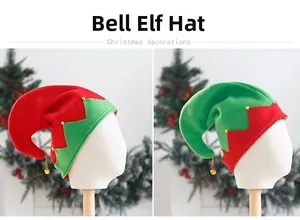 Detailed view of red and green Christmas elf hats featuring golden bells on jagged edges