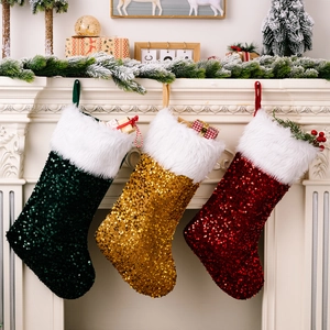 Grande Chaussette de Noël à Paillettes avec Bordure en Fausse Fourrure Blanche Décoration Suspendue pour Cheminée Fête