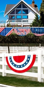 Detail of 4th of July bunting flags with gnomes and stars on outdoor fences and eaves