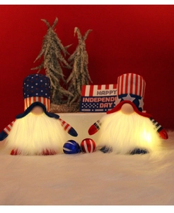 Detailed close-up of glowing patriotic gnomes in red white and blue with lit beards