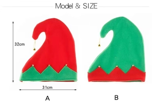 Detailed dimensions of red and green Christmas elf hats with gold bells for holiday party