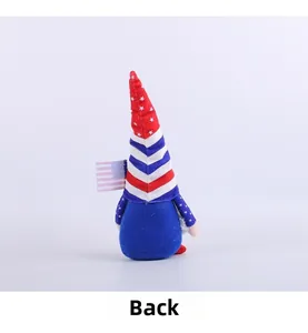 Rear view of Independence Day gnome doll with patriotic star and stripe pattern hat