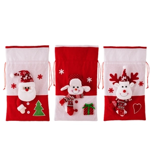 Three-piece set of knitted Christmas gift bags featuring Santa, snowman and elk designs