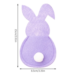 Detail view of purple felt Easter bunny cutlery holder with size dimensions and pompom