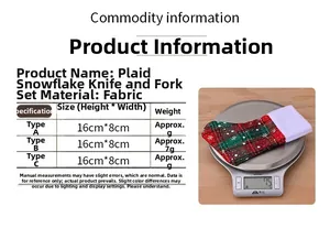 Size guide for plaid snowflake Christmas cutlery holders showing 16x8cm dimensions and weight